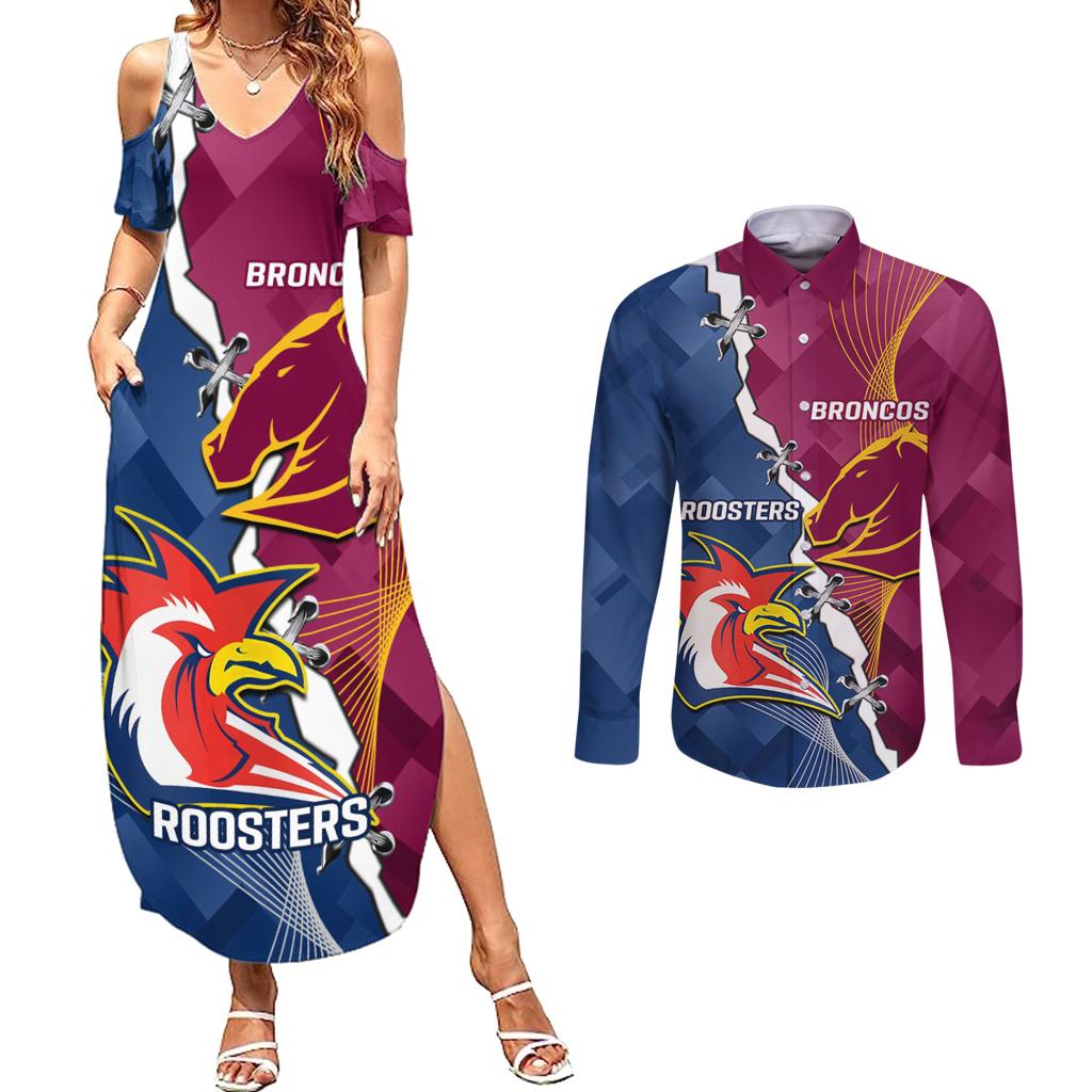 Personalised Roosters And Broncos Rugby Couples Matching Summer Maxi Dress and Long Sleeve Button Shirt NRL 2024 Dynamic Together