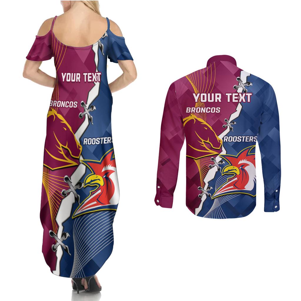 Personalised Roosters And Broncos Rugby Couples Matching Summer Maxi Dress and Long Sleeve Button Shirt NRL 2024 Dynamic Together