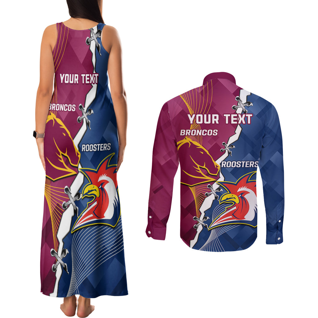 Personalised Roosters And Broncos Rugby Couples Matching Tank Maxi Dress and Long Sleeve Button Shirt NRL 2024 Dynamic Together