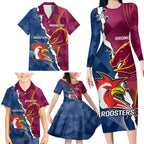 Personalised Roosters And Broncos Rugby Family Matching Long Sleeve Bodycon Dress and Hawaiian Shirt NRL 2024 Dynamic Together