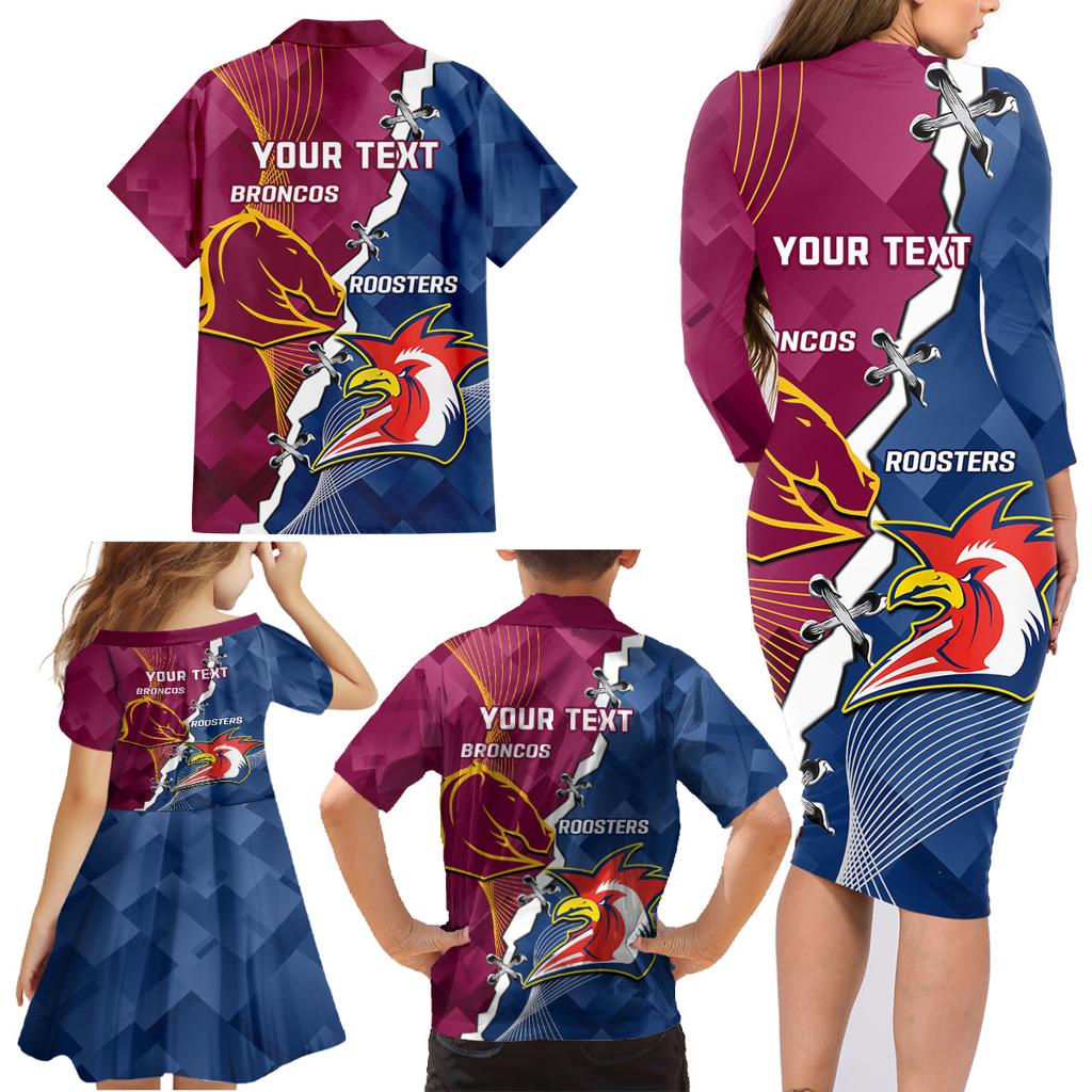 Personalised Roosters And Broncos Rugby Family Matching Long Sleeve Bodycon Dress and Hawaiian Shirt NRL 2024 Dynamic Together