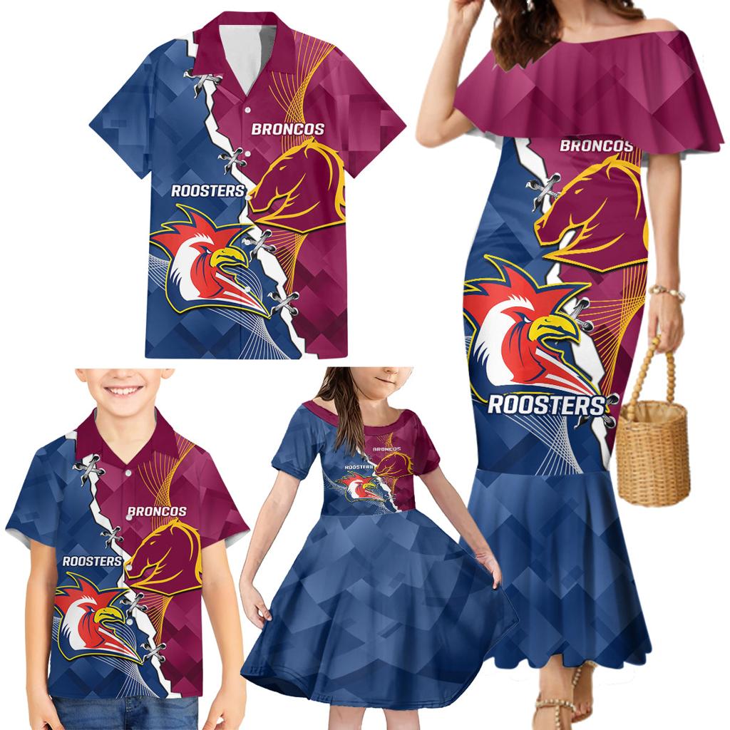 Personalised Roosters And Broncos Rugby Family Matching Mermaid Dress and Hawaiian Shirt NRL 2024 Dynamic Together