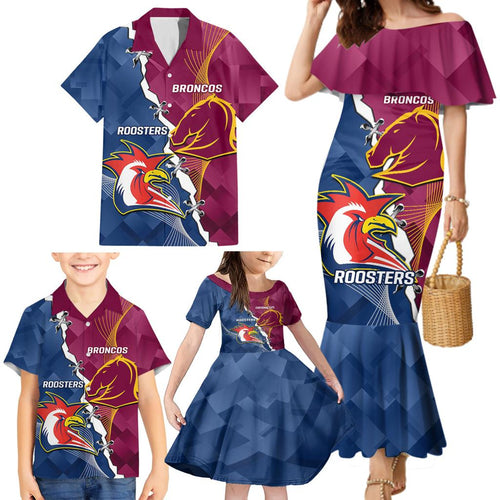 Personalised Roosters And Broncos Rugby Family Matching Mermaid Dress and Hawaiian Shirt NRL 2024 Dynamic Together