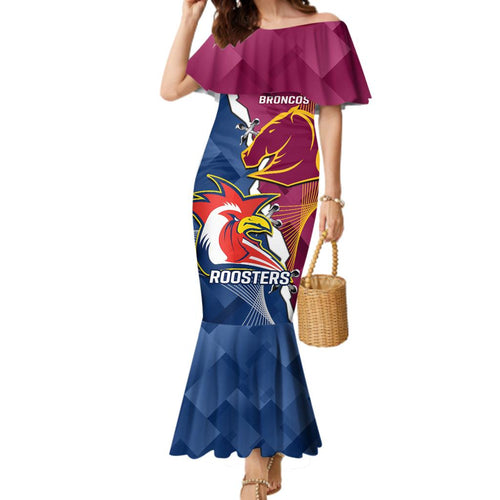 Personalised Roosters And Broncos Rugby Family Matching Mermaid Dress and Hawaiian Shirt NRL 2024 Dynamic Together