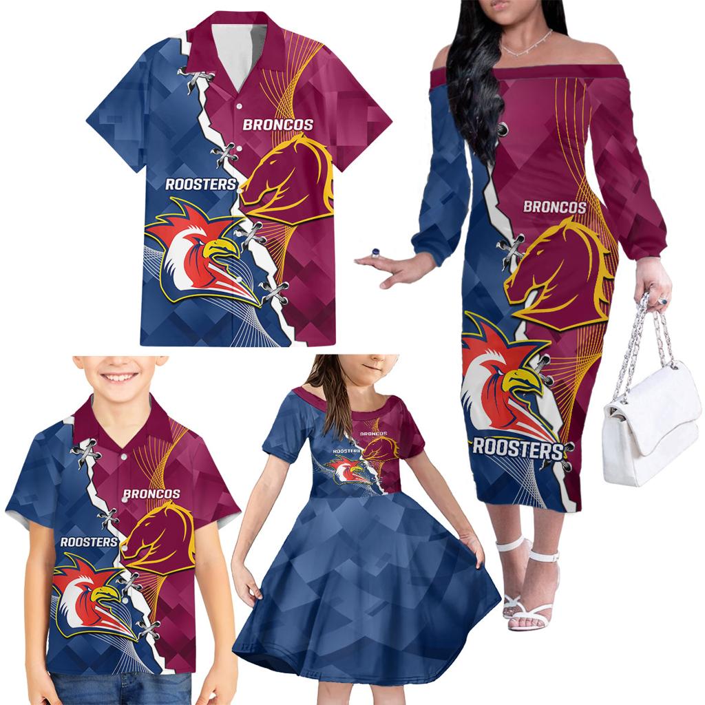 Personalised Roosters And Broncos Rugby Family Matching Off Shoulder Long Sleeve Dress and Hawaiian Shirt NRL 2024 Dynamic Together