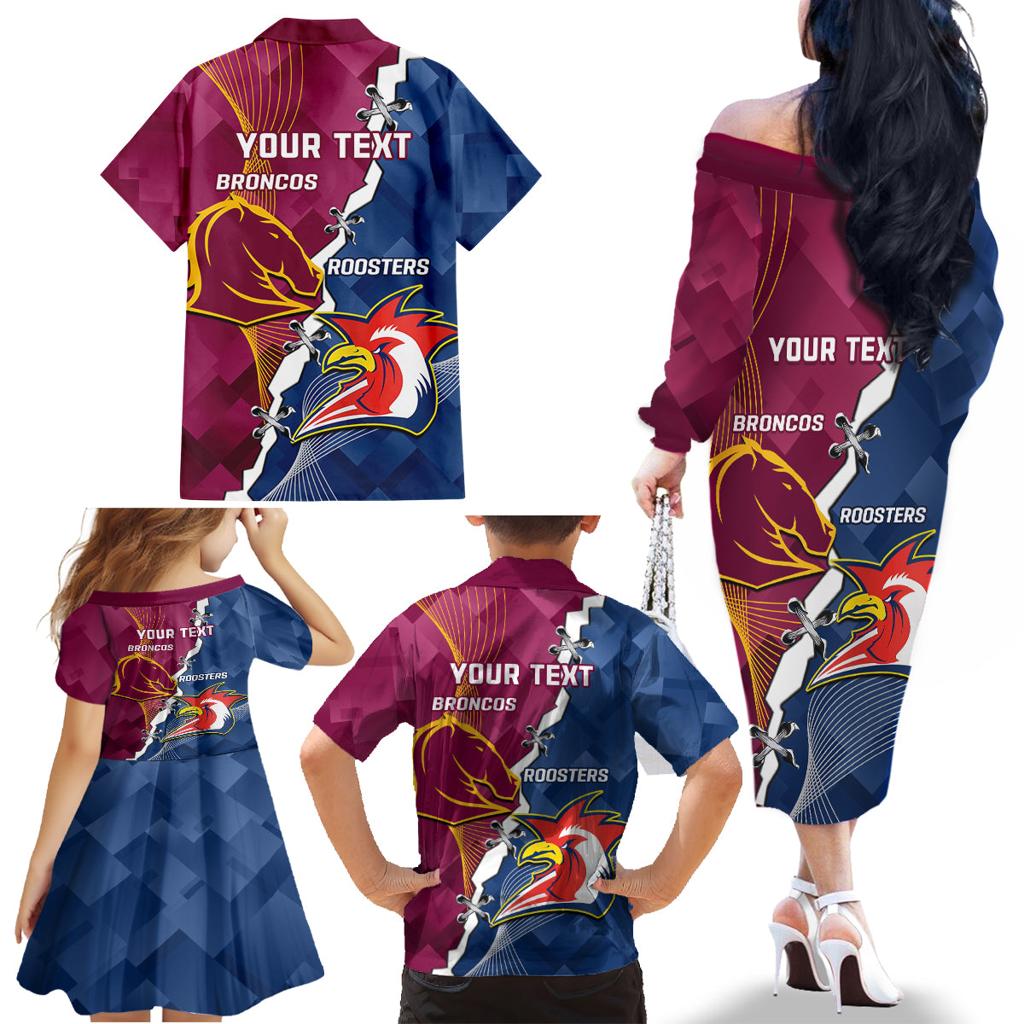 Personalised Roosters And Broncos Rugby Family Matching Off Shoulder Long Sleeve Dress and Hawaiian Shirt NRL 2024 Dynamic Together