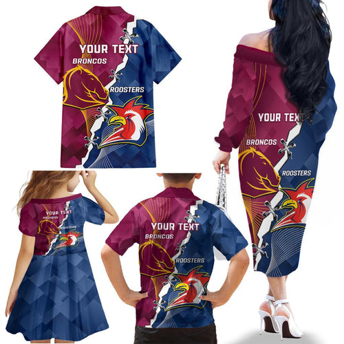 Personalised Roosters And Broncos Rugby Family Matching Off Shoulder Long Sleeve Dress and Hawaiian Shirt NRL 2024 Dynamic Together