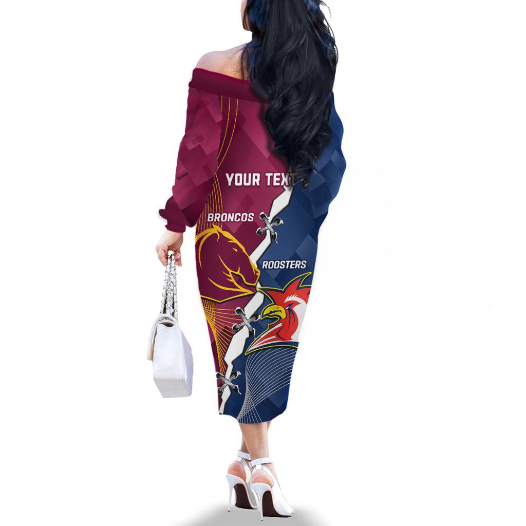 Personalised Roosters And Broncos Rugby Family Matching Off Shoulder Long Sleeve Dress and Hawaiian Shirt NRL 2024 Dynamic Together