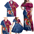 Personalised Roosters And Broncos Rugby Family Matching Off Shoulder Maxi Dress and Hawaiian Shirt NRL 2024 Dynamic Together