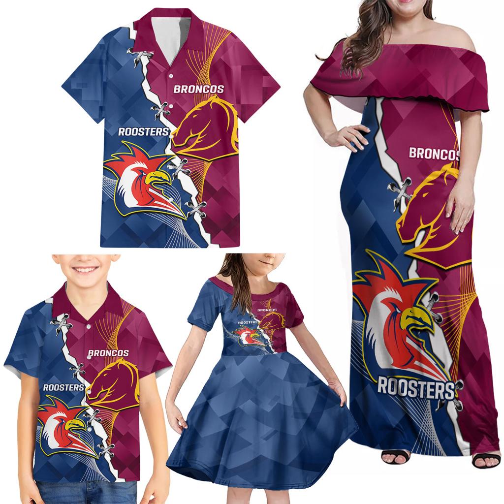 Personalised Roosters And Broncos Rugby Family Matching Off Shoulder Maxi Dress and Hawaiian Shirt NRL 2024 Dynamic Together