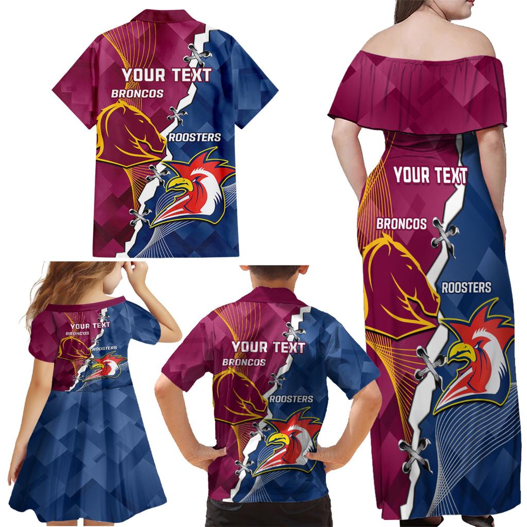 Personalised Roosters And Broncos Rugby Family Matching Off Shoulder Maxi Dress and Hawaiian Shirt NRL 2024 Dynamic Together