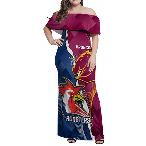 Personalised Roosters And Broncos Rugby Family Matching Off Shoulder Maxi Dress and Hawaiian Shirt NRL 2024 Dynamic Together