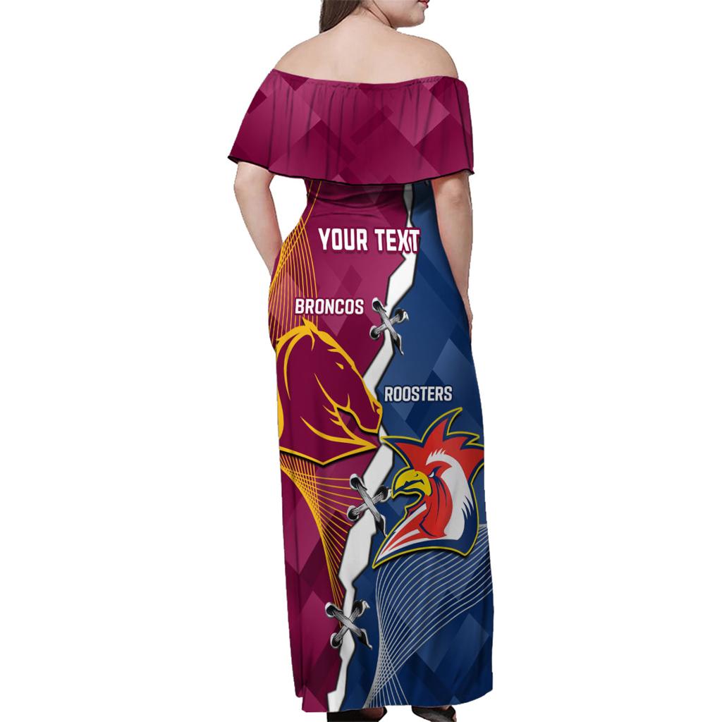 Personalised Roosters And Broncos Rugby Family Matching Off Shoulder Maxi Dress and Hawaiian Shirt NRL 2024 Dynamic Together
