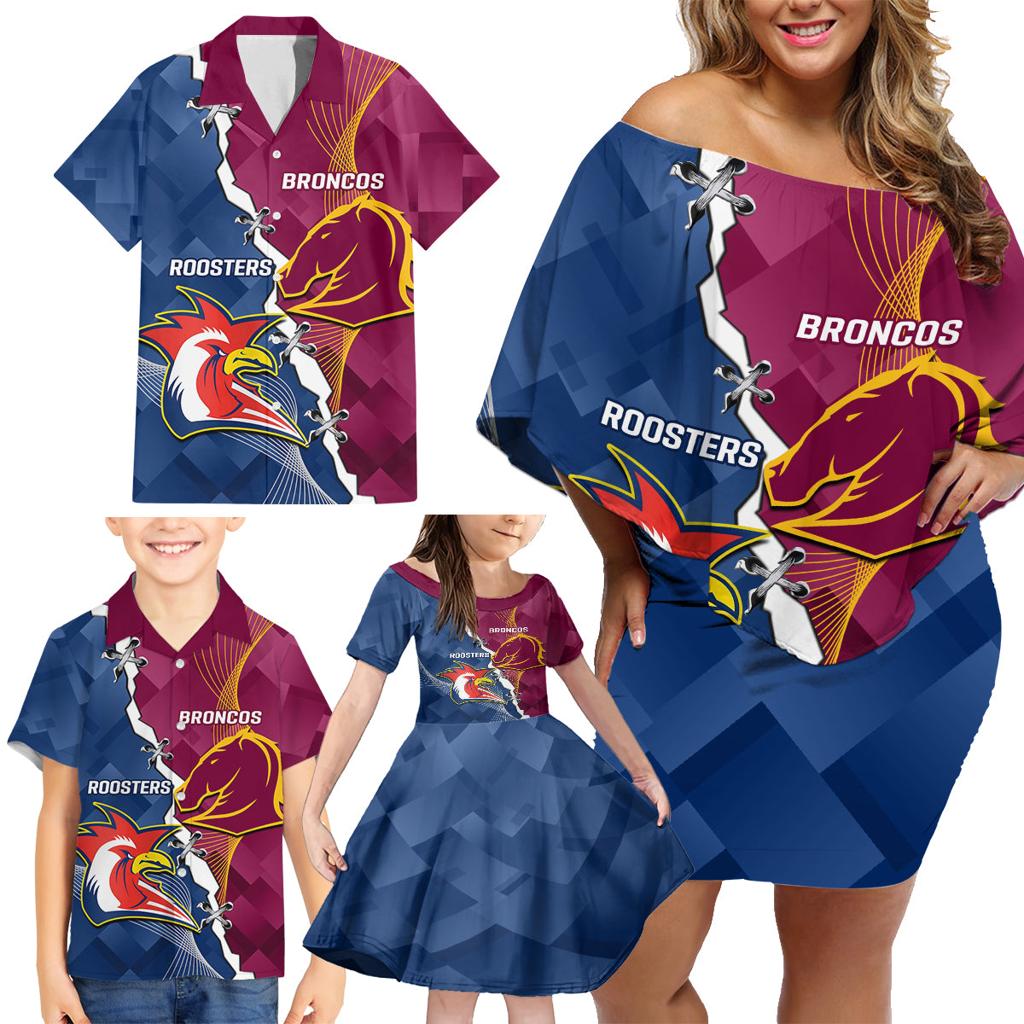 Personalised Roosters And Broncos Rugby Family Matching Off Shoulder Short Dress and Hawaiian Shirt NRL 2024 Dynamic Together