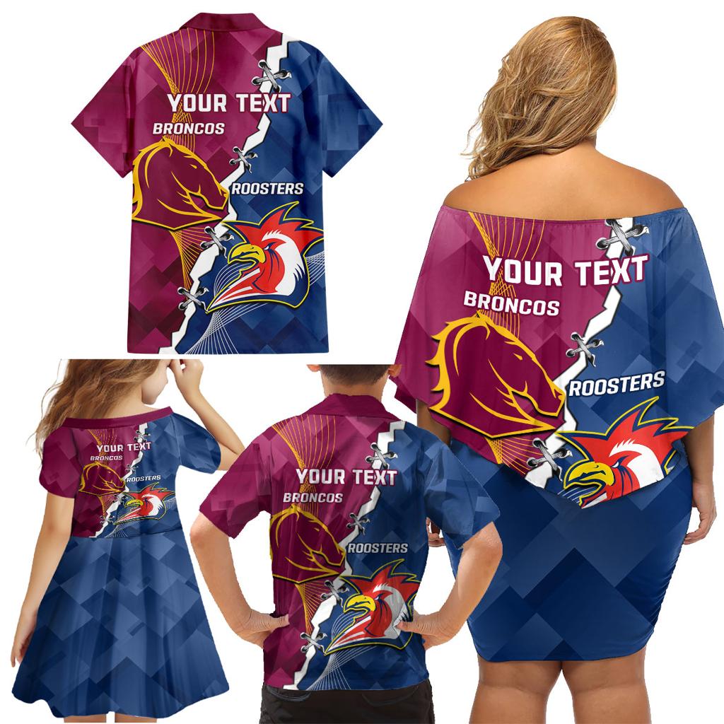 Personalised Roosters And Broncos Rugby Family Matching Off Shoulder Short Dress and Hawaiian Shirt NRL 2024 Dynamic Together