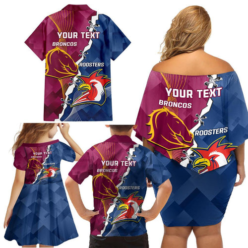Personalised Roosters And Broncos Rugby Family Matching Off Shoulder Short Dress and Hawaiian Shirt NRL 2024 Dynamic Together