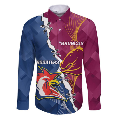 Personalised Roosters And Broncos Rugby Family Matching Off Shoulder Short Dress and Hawaiian Shirt NRL 2024 Dynamic Together