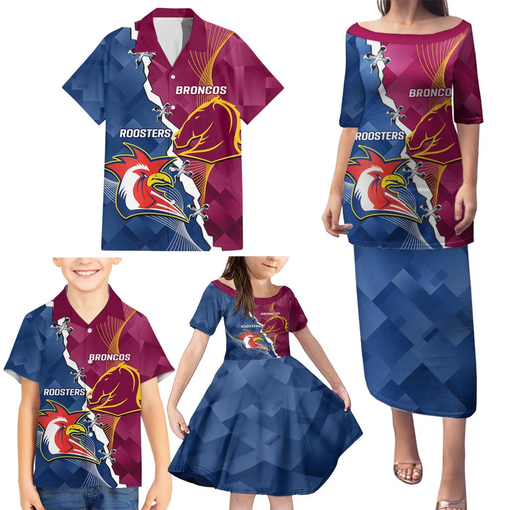 Personalised Roosters And Broncos Rugby Family Matching Puletasi and Hawaiian Shirt NRL 2024 Dynamic Together