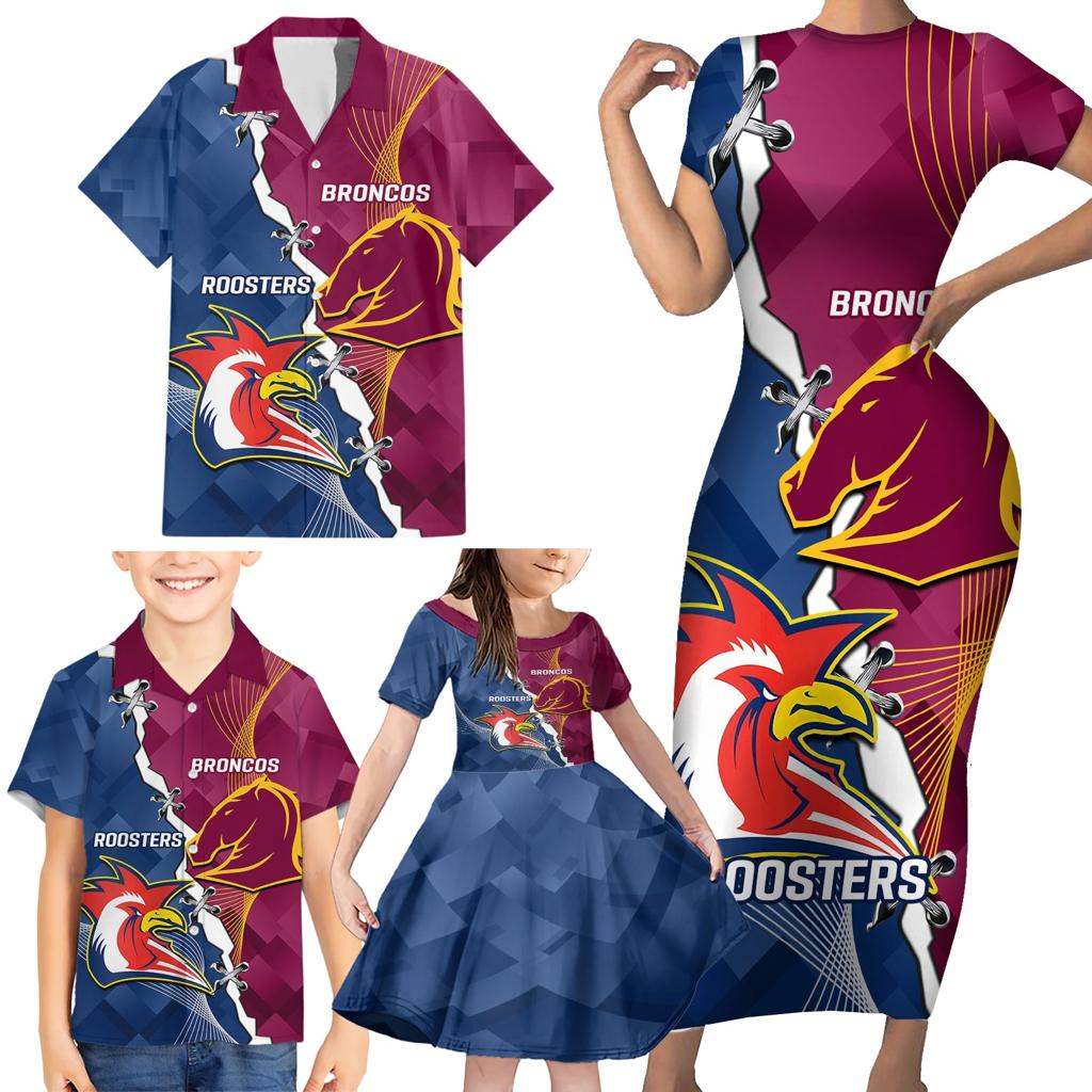 Personalised Roosters And Broncos Rugby Family Matching Short Sleeve Bodycon Dress and Hawaiian Shirt NRL 2024 Dynamic Together