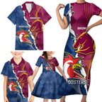 Personalised Roosters And Broncos Rugby Family Matching Short Sleeve Bodycon Dress and Hawaiian Shirt NRL 2024 Dynamic Together