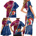 Personalised Roosters And Broncos Rugby Family Matching Short Sleeve Bodycon Dress and Hawaiian Shirt NRL 2024 Dynamic Together