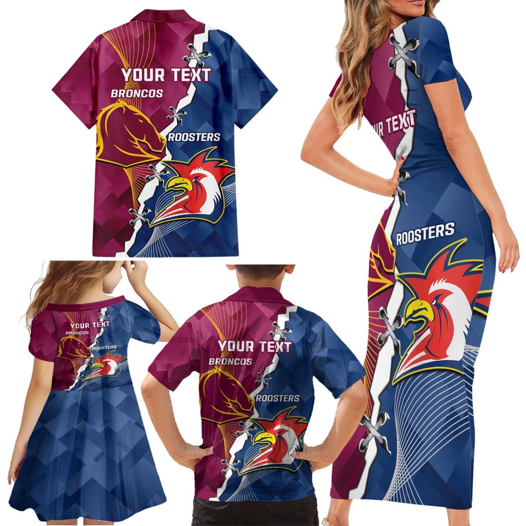 Personalised Roosters And Broncos Rugby Family Matching Short Sleeve Bodycon Dress and Hawaiian Shirt NRL 2024 Dynamic Together
