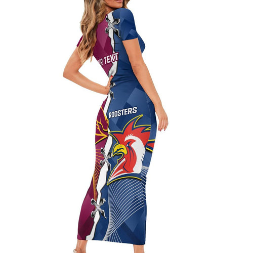 Personalised Roosters And Broncos Rugby Family Matching Short Sleeve Bodycon Dress and Hawaiian Shirt NRL 2024 Dynamic Together