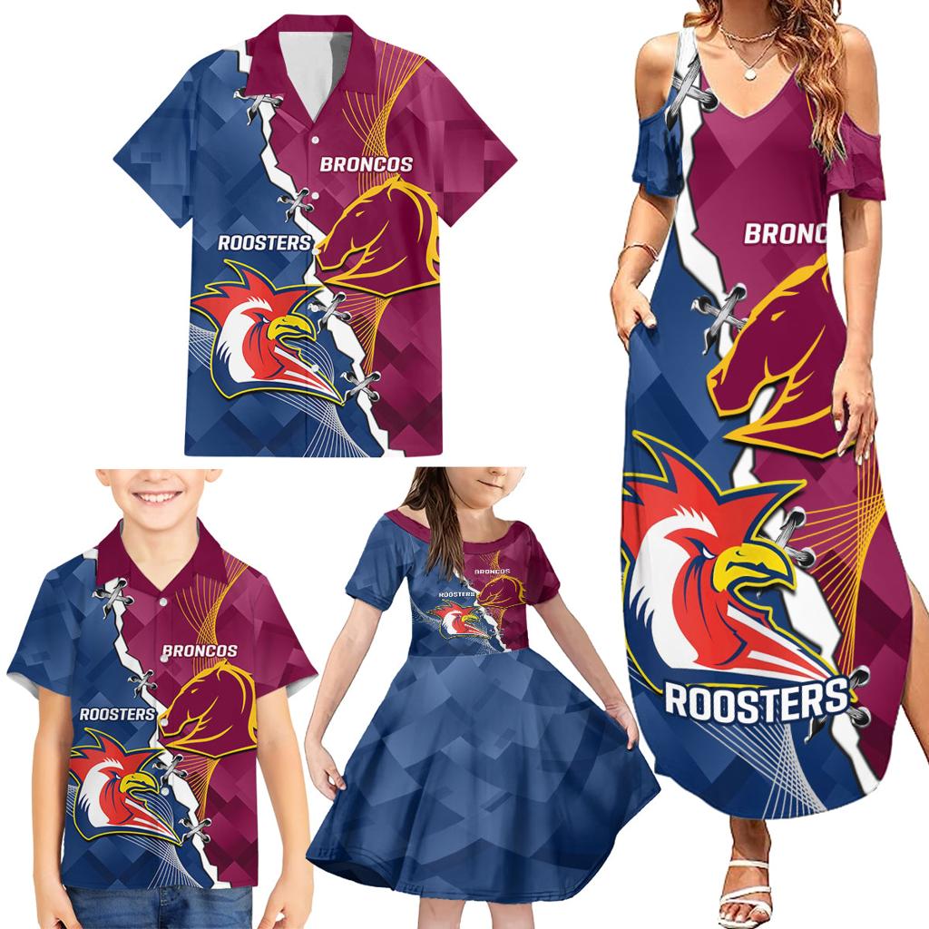 Personalised Roosters And Broncos Rugby Family Matching Summer Maxi Dress and Hawaiian Shirt NRL 2024 Dynamic Together