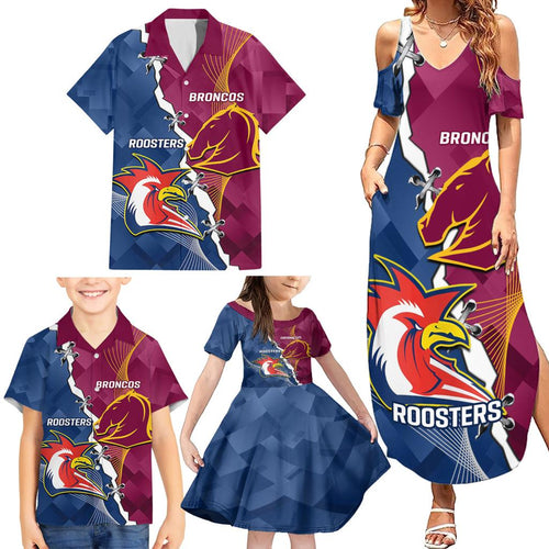 Personalised Roosters And Broncos Rugby Family Matching Summer Maxi Dress and Hawaiian Shirt NRL 2024 Dynamic Together