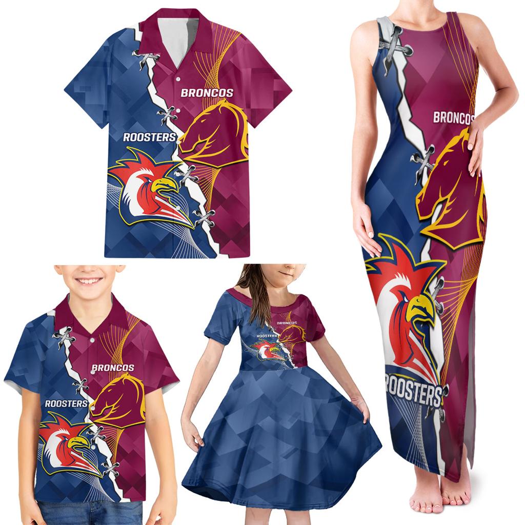 Personalised Roosters And Broncos Rugby Family Matching Tank Maxi Dress and Hawaiian Shirt NRL 2024 Dynamic Together