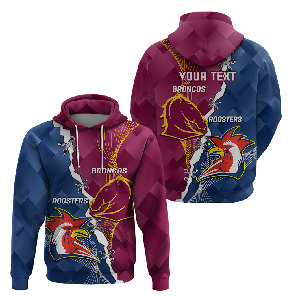 Personalised Roosters And Broncos Rugby Hoodie NRL 2024 Dynamic Together