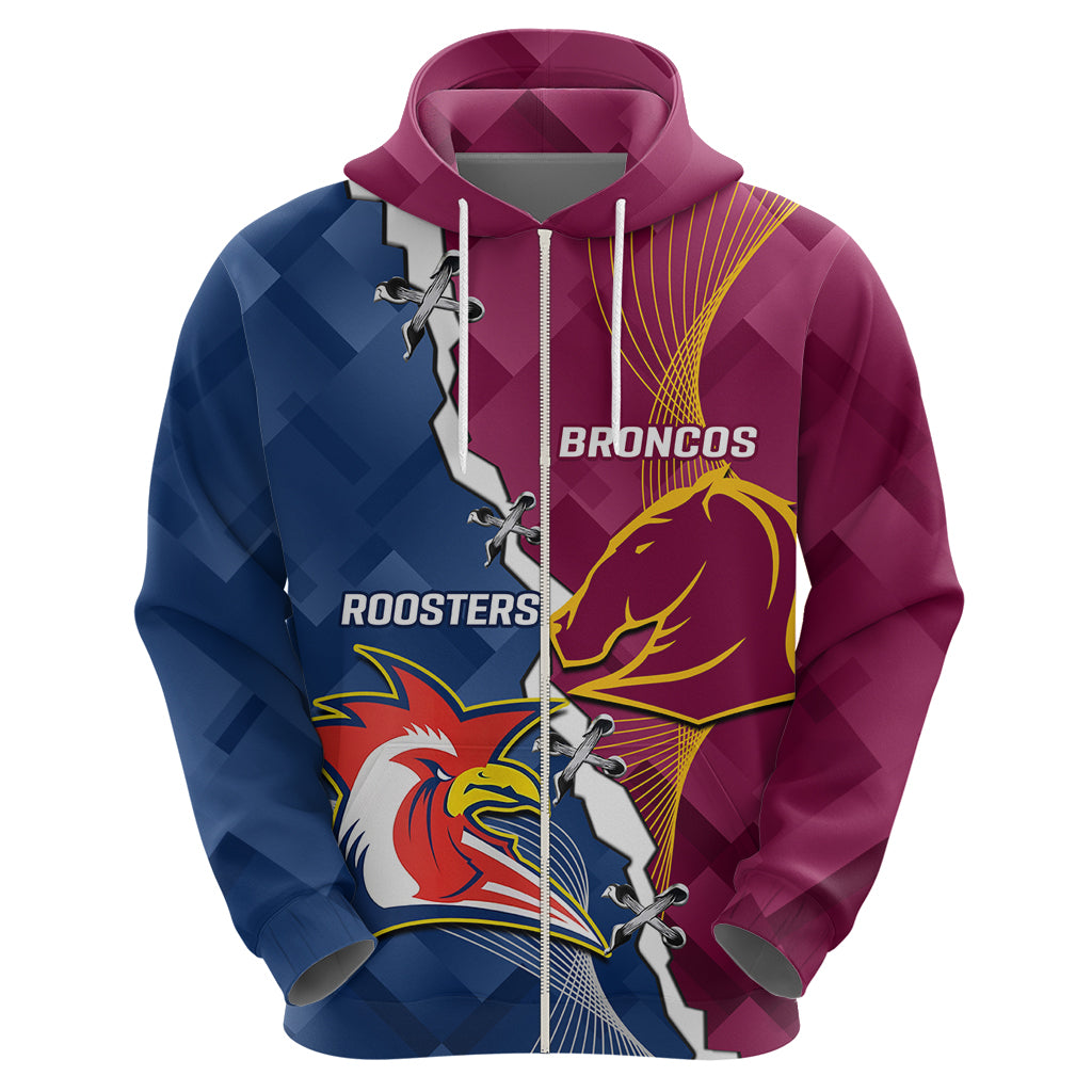 Personalised Roosters And Broncos Rugby Hoodie NRL 2024 Dynamic Together