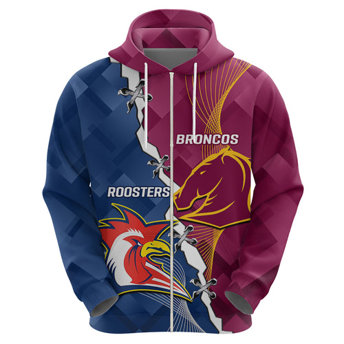 Personalised Roosters And Broncos Rugby Hoodie NRL 2024 Dynamic Together