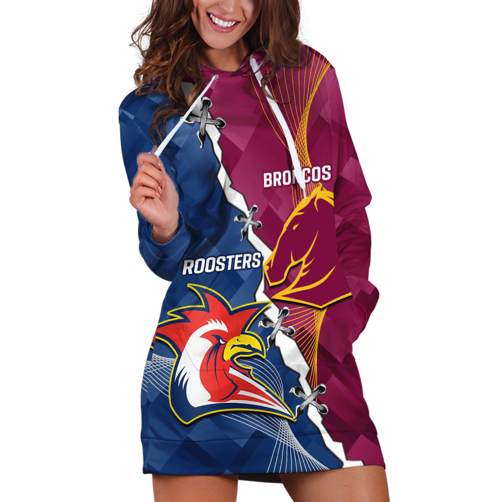 Personalised Roosters And Broncos Rugby Hoodie Dress NRL 2024 Dynamic Together