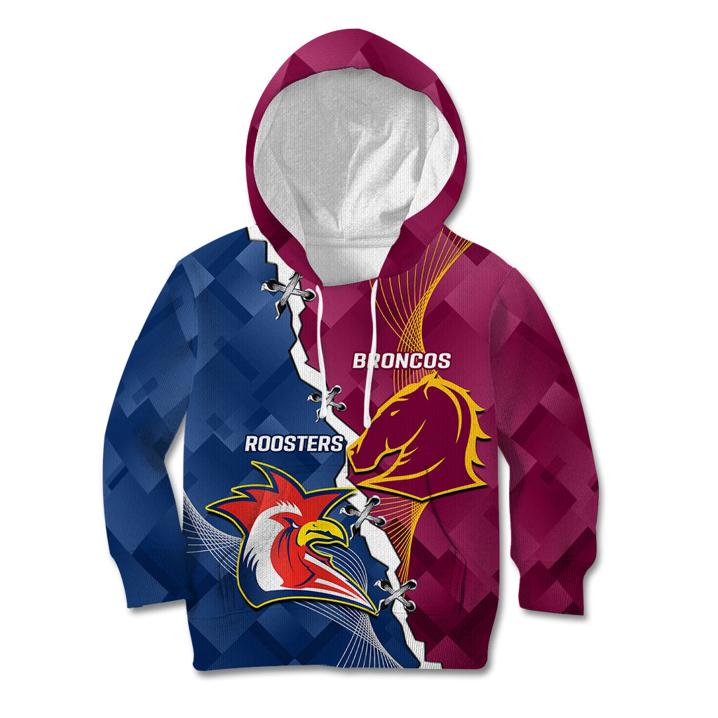 Personalised Roosters And Broncos Rugby Kid Hoodie NRL 2024 Dynamic Together
