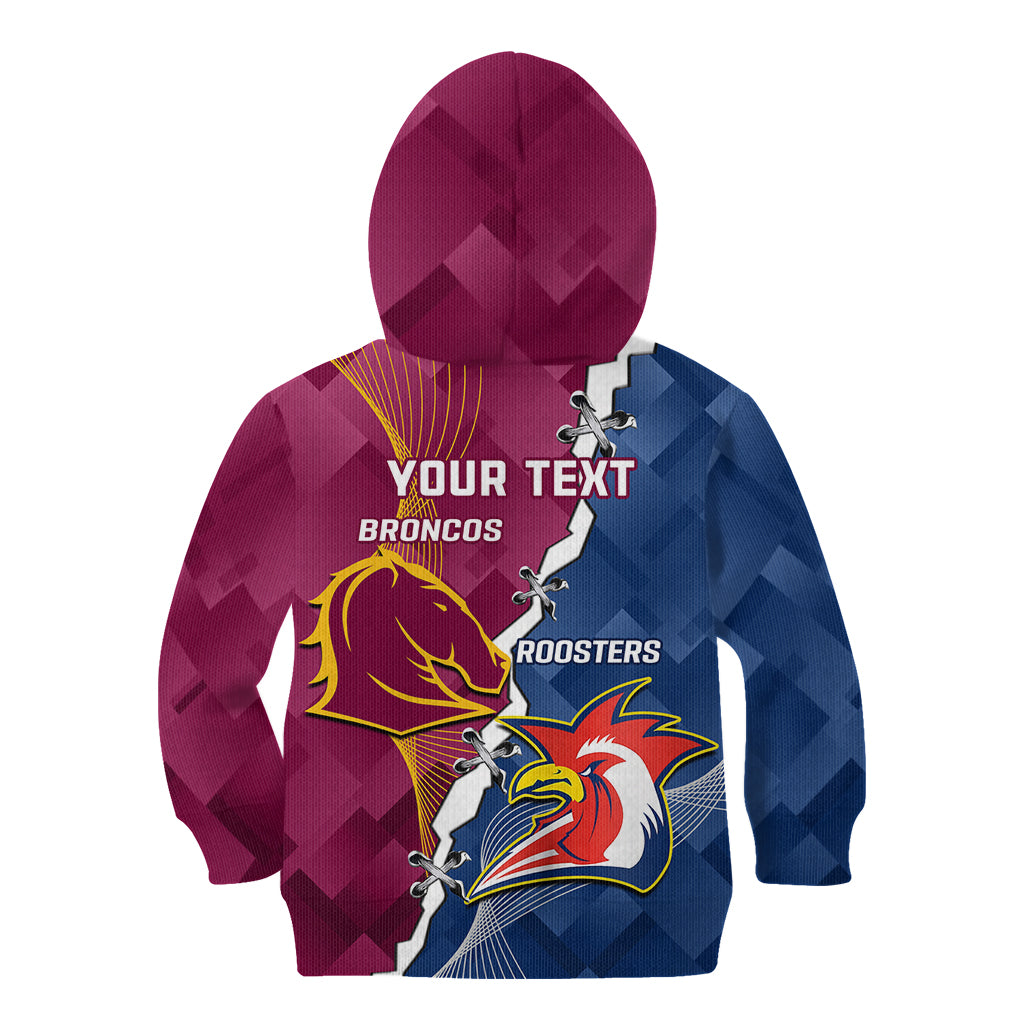 Personalised Roosters And Broncos Rugby Kid Hoodie NRL 2024 Dynamic Together