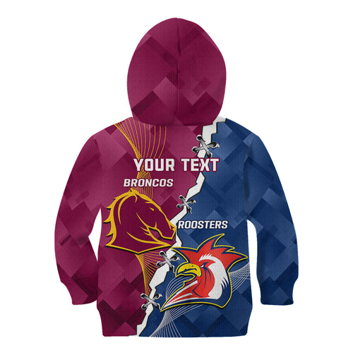 Personalised Roosters And Broncos Rugby Kid Hoodie NRL 2024 Dynamic Together