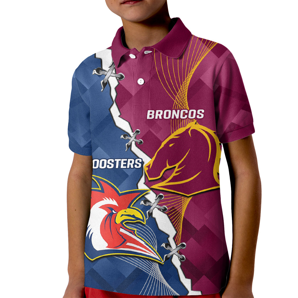 Personalised Roosters And Broncos Rugby Kid Polo Shirt NRL 2024 Dynamic Together