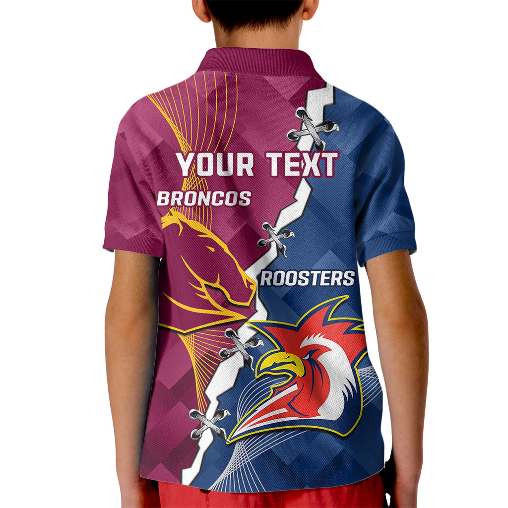 Personalised Roosters And Broncos Rugby Kid Polo Shirt NRL 2024 Dynamic Together