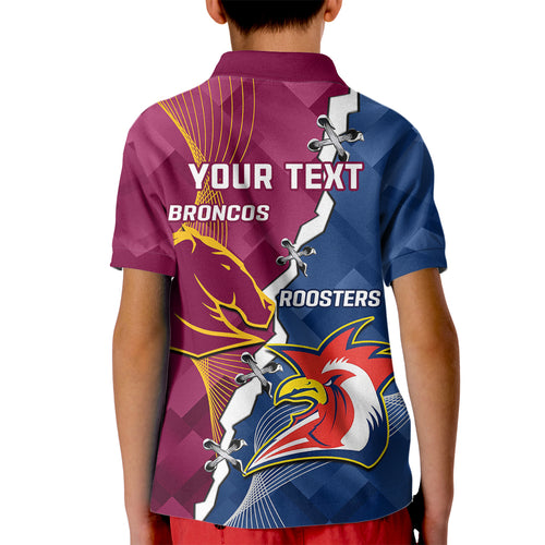 Personalised Roosters And Broncos Rugby Kid Polo Shirt NRL 2024 Dynamic Together