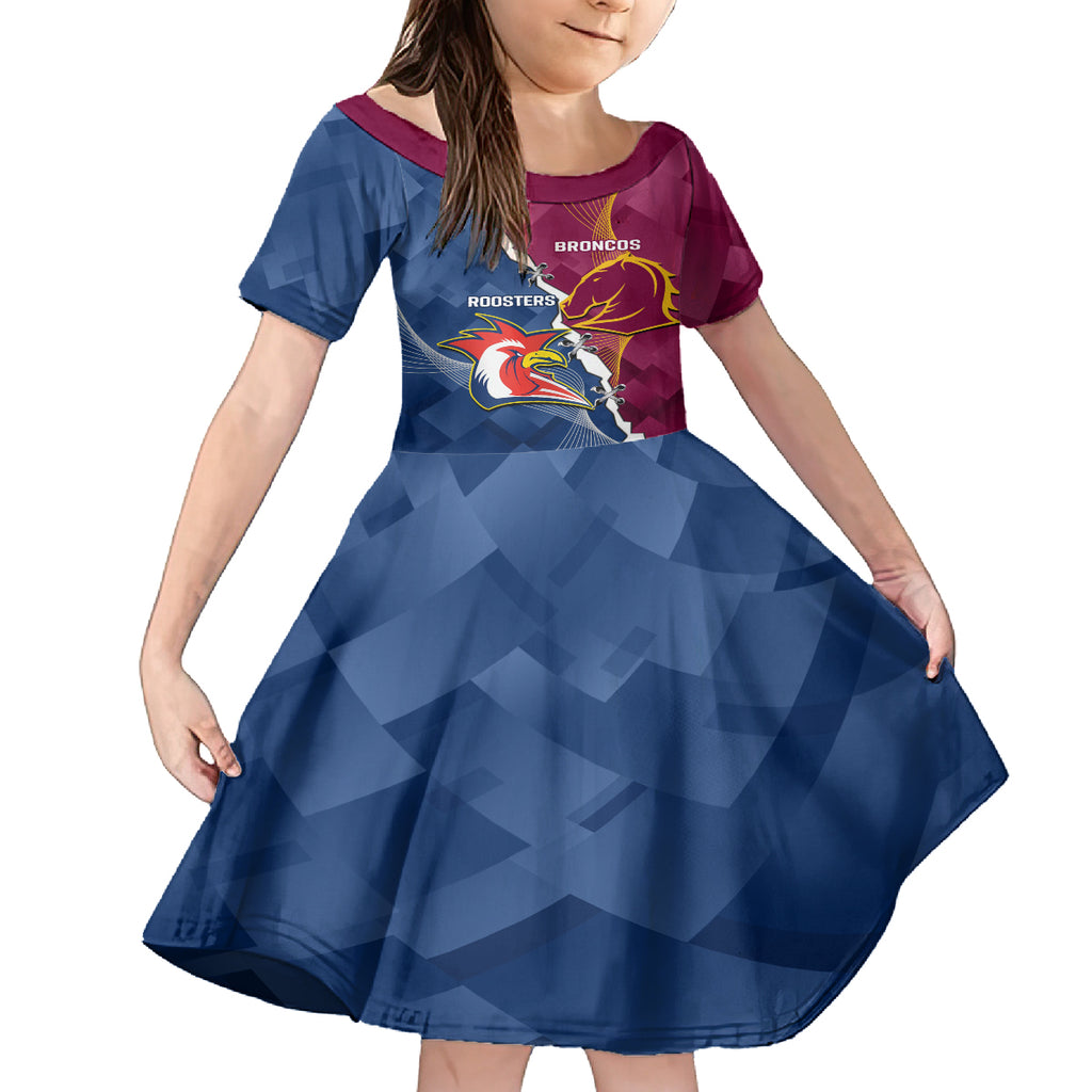 Personalised Roosters And Broncos Rugby Kid Short Sleeve Dress NRL 2024 Dynamic Together