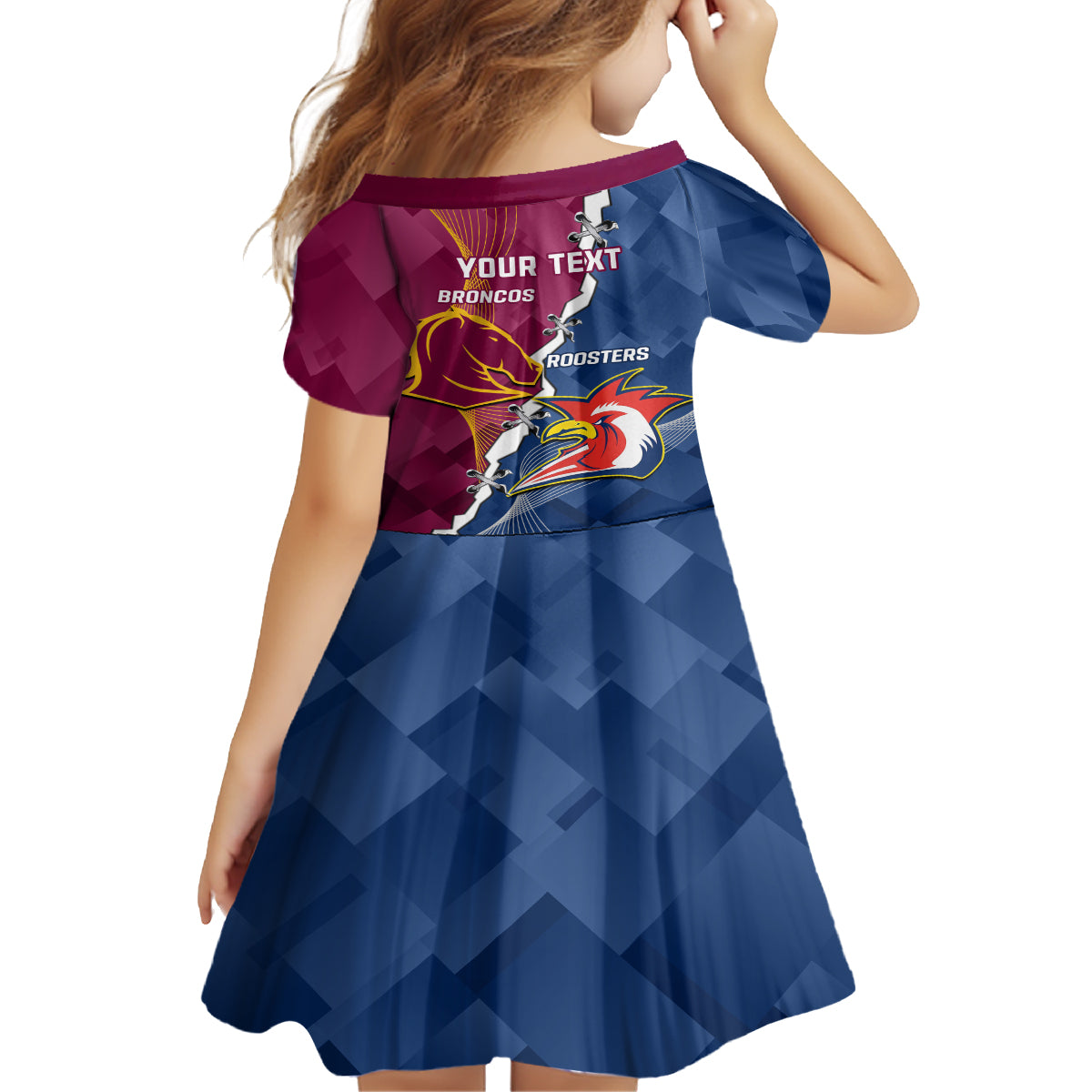 Personalised Roosters And Broncos Rugby Kid Short Sleeve Dress NRL 2024 Dynamic Together