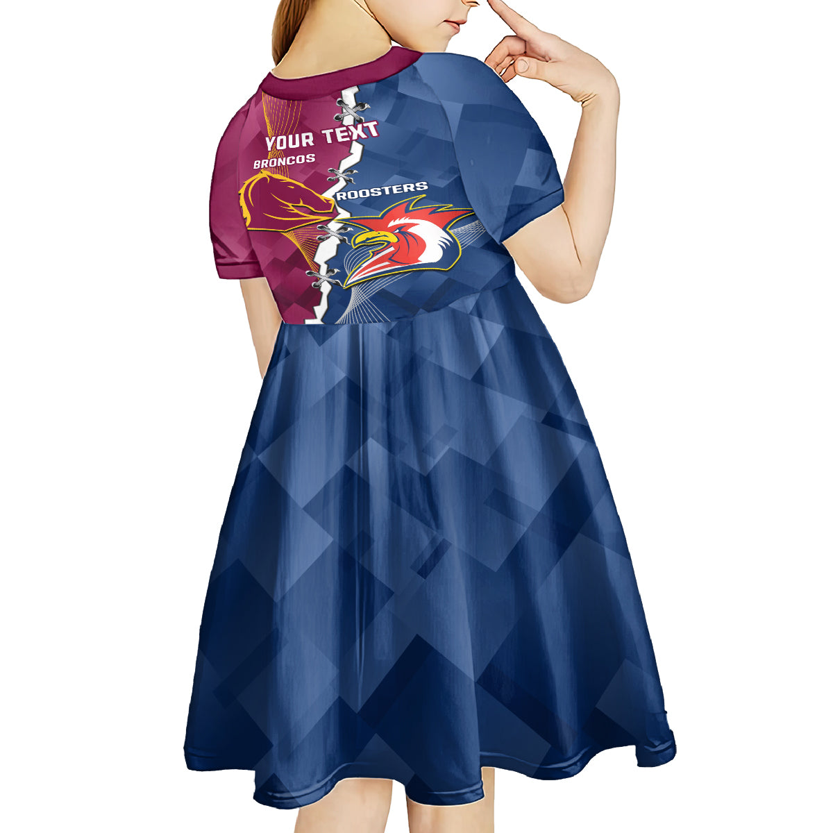 Personalised Roosters And Broncos Rugby Kid Short Sleeve Dress NRL 2024 Dynamic Together