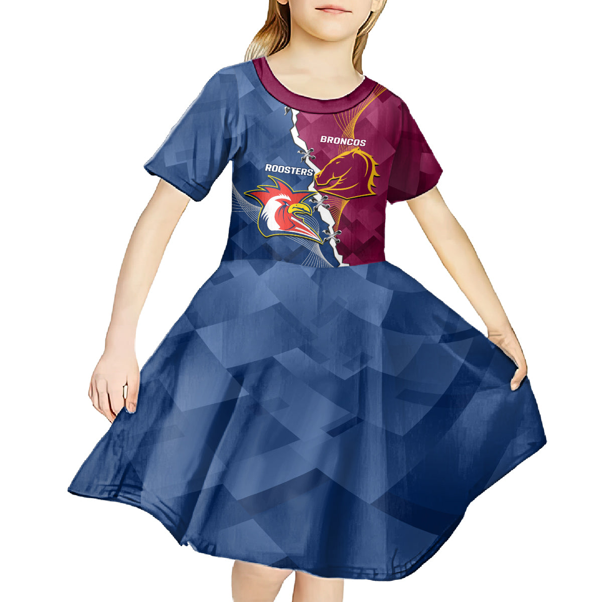 Personalised Roosters And Broncos Rugby Kid Short Sleeve Dress NRL 2024 Dynamic Together
