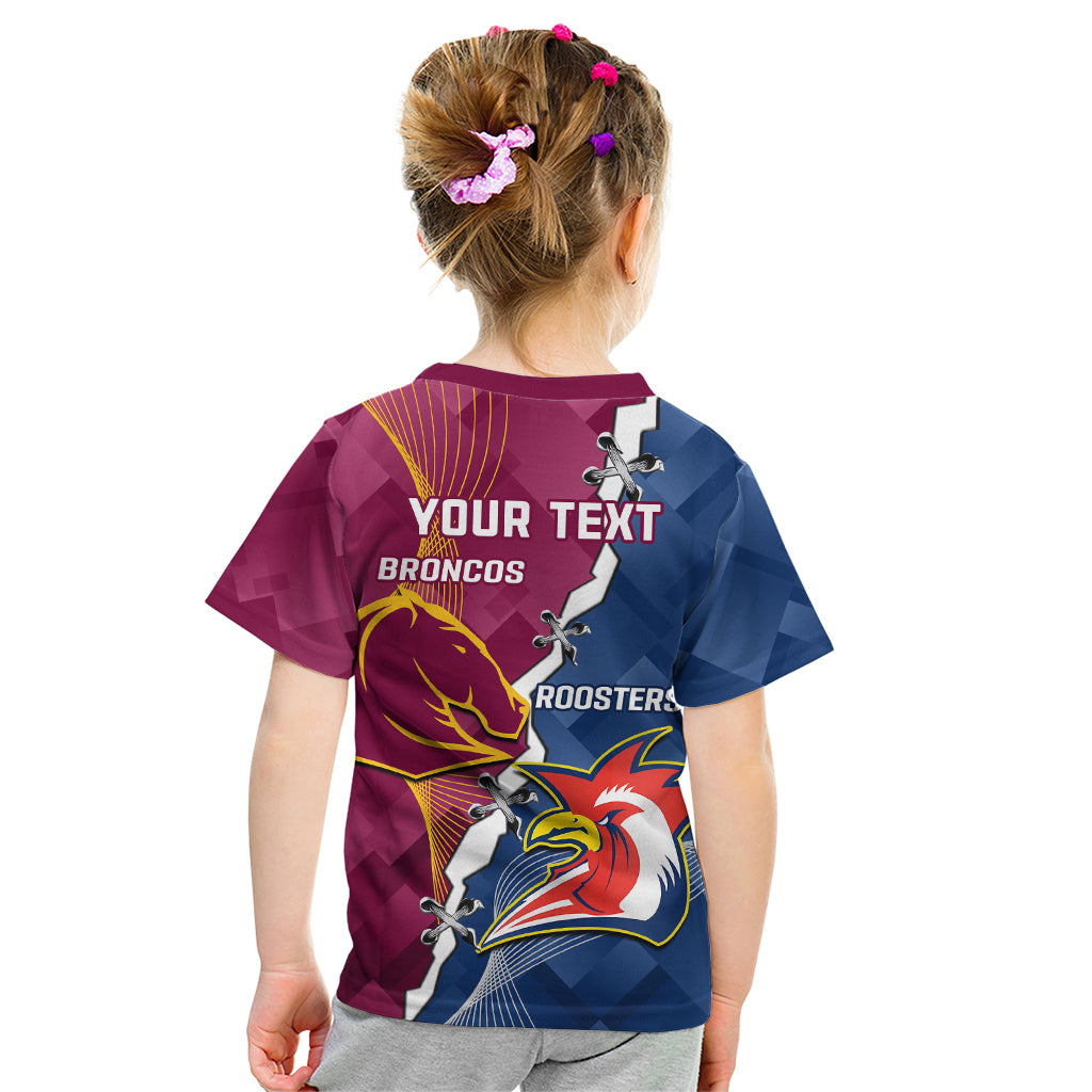 Personalised Roosters And Broncos Rugby Kid T Shirt NRL 2024 Dynamic Together