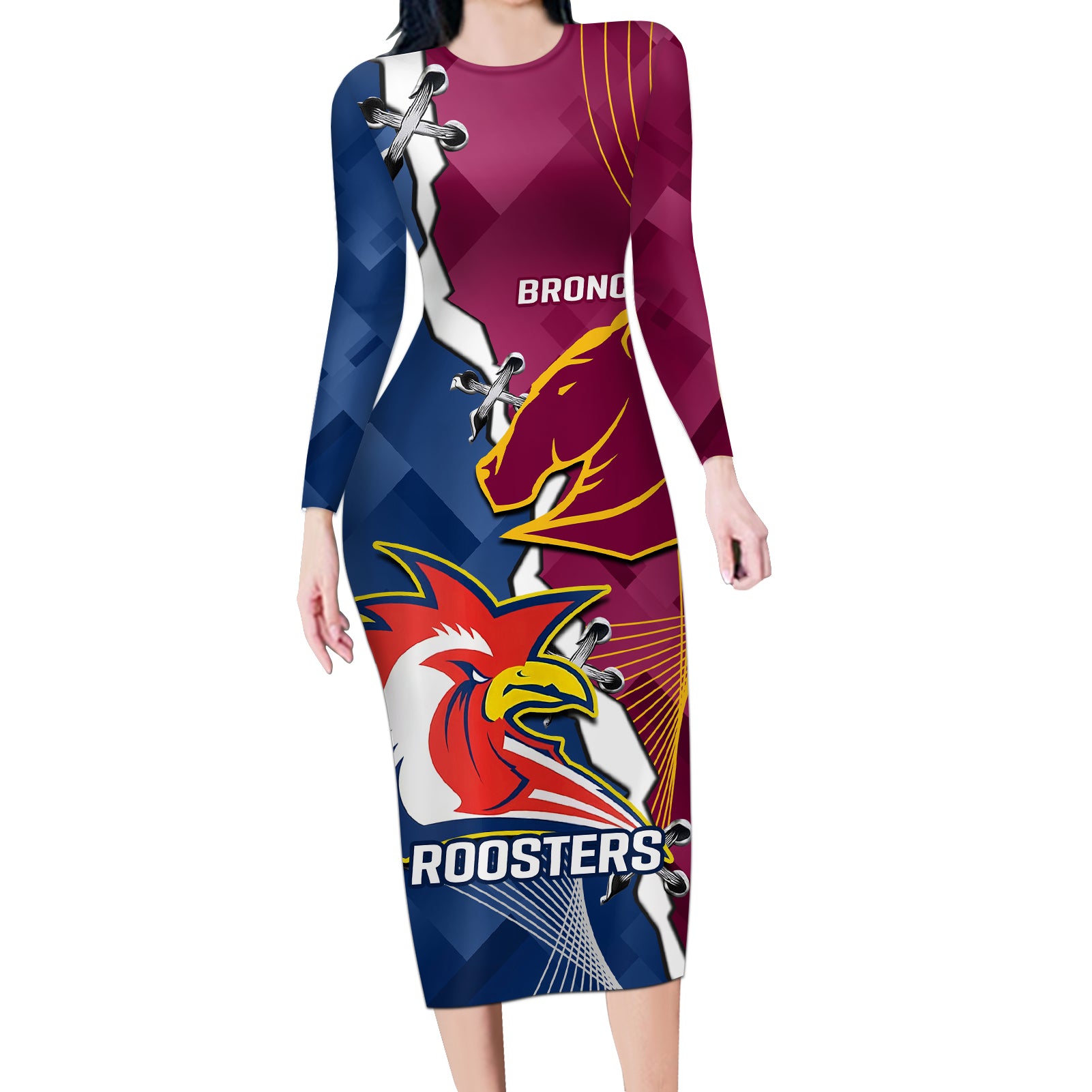Personalised Roosters And Broncos Rugby Long Sleeve Bodycon Dress NRL 2024 Dynamic Together