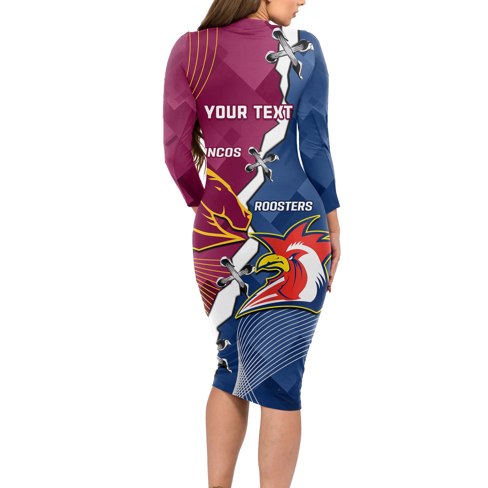 Personalised Roosters And Broncos Rugby Long Sleeve Bodycon Dress NRL 2024 Dynamic Together