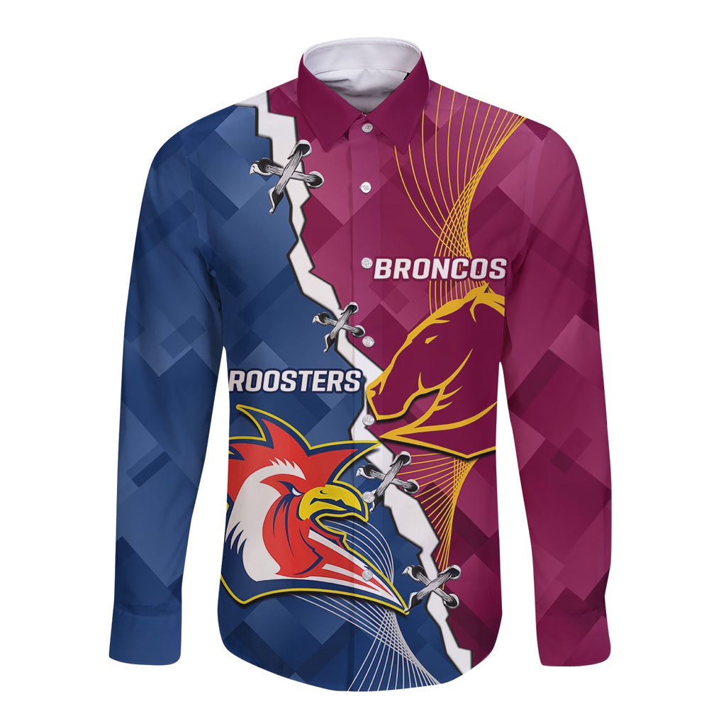Personalised Roosters And Broncos Rugby Long Sleeve Button Shirt NRL 2024 Dynamic Together