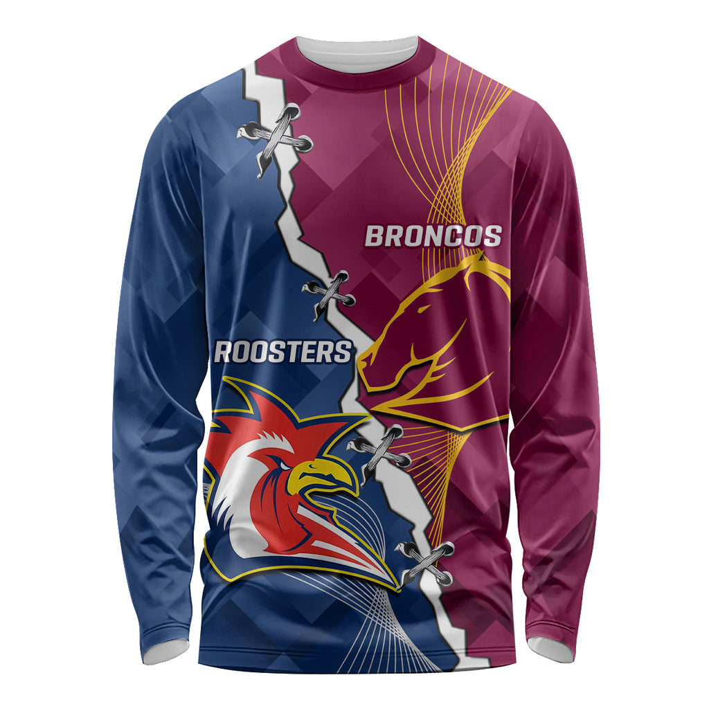 Personalised Roosters And Broncos Rugby Long Sleeve Shirt NRL 2024 Dynamic Together