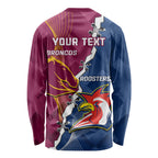 Personalised Roosters And Broncos Rugby Long Sleeve Shirt NRL 2024 Dynamic Together